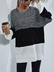 Color Block Round Neck Oversized Sweater in black and white, featuring a relaxed fit and cozy design.