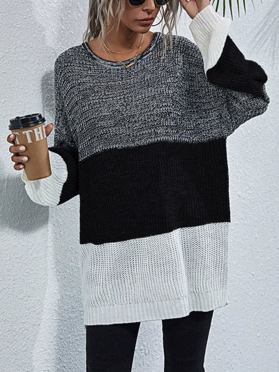 Color Block Round Neck Oversized Sweater in black and white, featuring a relaxed fit and cozy design.