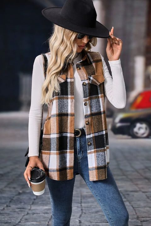 Woman wearing a Plaid Button-Up Vest Coat with a black hat and coffee, showcasing a chic urban style.