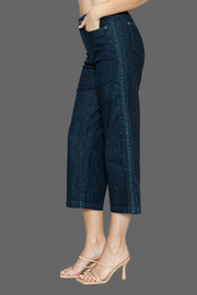Judy Blue Side Seam Braid Crop Wide Leg Jeans in dark denim with a cropped fit and wide leg design.