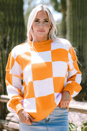 Orange Checkered Knit Bishop Sleeve Sweater