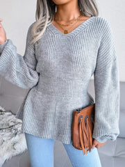 V-Neck Dropped Shoulder Sweater in gray, featuring ribbed texture and peplum style, perfect for casual wear.
