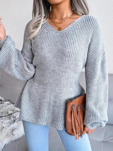 V-Neck Dropped Shoulder Sweater in gray, featuring ribbed texture and peplum style, perfect for casual wear.