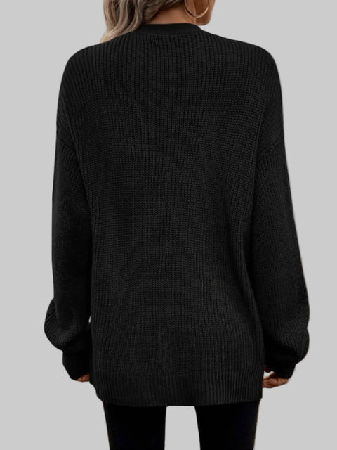 Back view of a woman wearing the Supreme Comfort Open-Front Cardigan in black.