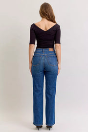 Model wearing Judy Blue High-Waist Straight Leg Jeans, featuring tummy control and a classic straight-leg silhouette.