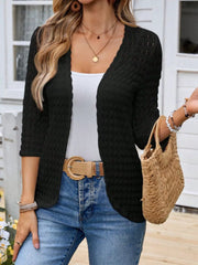 Open Front 3/4 Sleeve Cardigan – Lightweight Layer styled with a white top and straw bag.