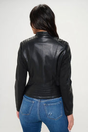 Back view of Coalition LA Vegan Moto Jacket showing sleek fitted silhouette and smooth vegan leather texture