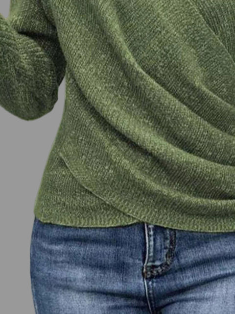 Surplice Long Sleeve Knit Top in olive green with ribbed detailing, showcasing a stylish wrap neckline and paired with denim jeans.
