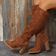 Point Toe Block Heels Boots in soft brown suede with high block heels, perfect for stylish fall outfits.