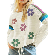 Boho Floral Cotton-Blend Eyelet Knit Sweater with colorful floral designs and relaxed fit for a cozy layered look.