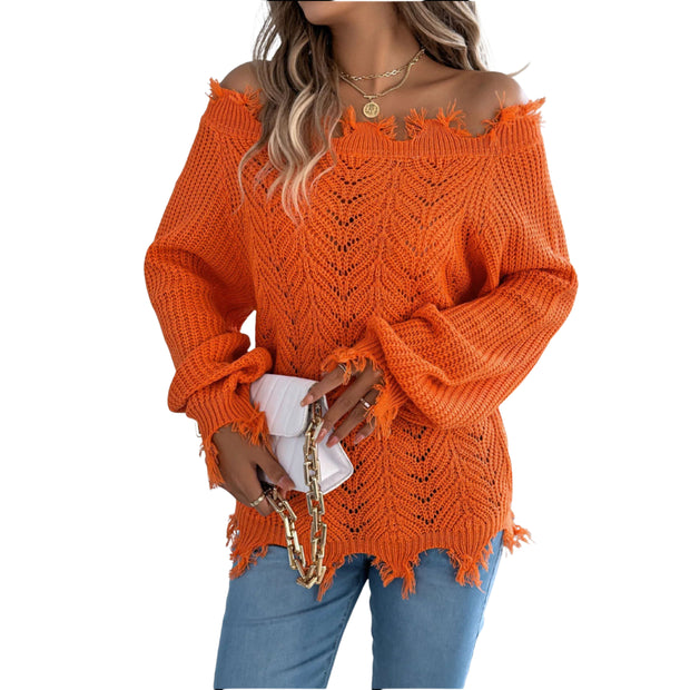 Distressed Hem Openwork Off-Shoulder Sweater – Relaxed Knit in vibrant orange with slouchy design and raw hemline.