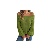 Trendy Openwork Off-Shoulder Knit Sweater – Cozy Fall Long Sleeve Top in green with openwork design.