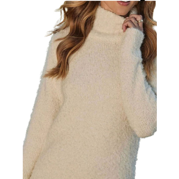 Cozy Fringe Turtleneck Sweater Dress – Long Sleeve Knit shown in soft, fluffy fabric with turtleneck and long sleeves.