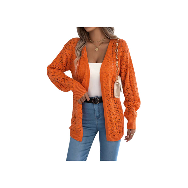 Openwork Knit Open-Front Cardigan – Lightweight Long Sleeve Layering Sweater in vibrant orange worn with casual jeans.
