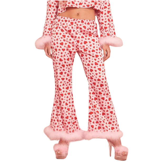 Heart Print Long Sleeve Button Top & Pants Lounge Set featuring cozy pink heart print style.