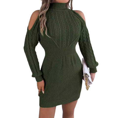 Cold Shoulder Cable Knit Turtleneck Sweater Dress – Long Sleeve Cutout Knit Dress