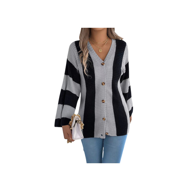 Cozy Color Block Button-Up Cardigan – Long Sleeve Knit Sweater in black and gray, worn with blue jeans.
