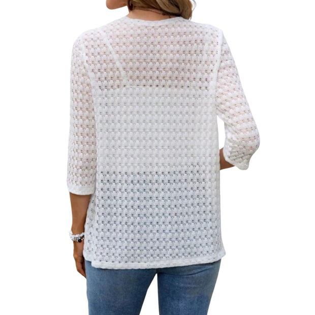 Open Front 3/4 Sleeve Cardigan – Lightweight Layer showcasing openwork knit and airy texture from the back.