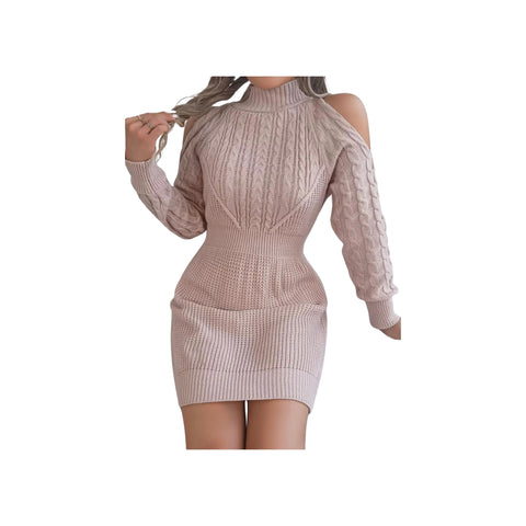 Cold Shoulder Cable Knit Turtleneck Sweater Dress – Long Sleeve Cutout Knit Dress in stylish light pink color.