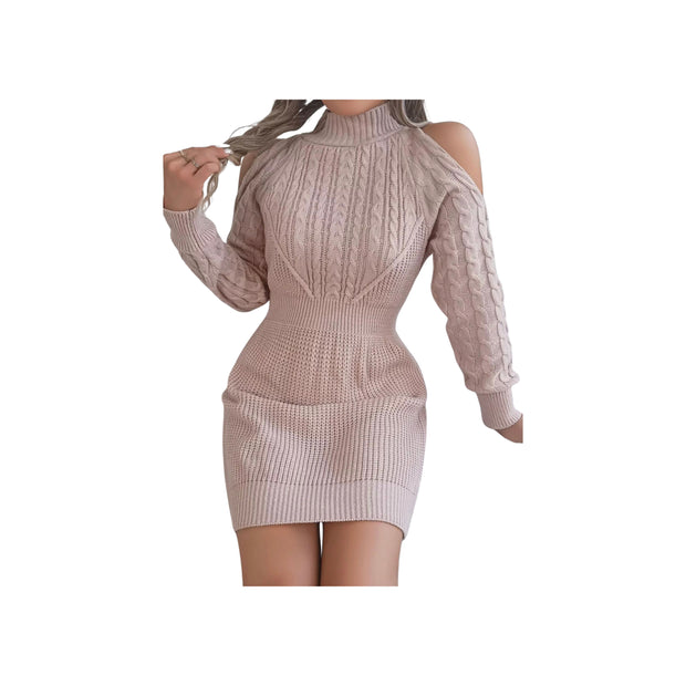 Cold Shoulder Cable Knit Turtleneck Sweater Dress – Long Sleeve Cutout Knit Dress in stylish light pink color.