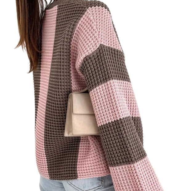 Cozy Color Block Oversized Sweater featuring pink and brown color blocks, showcasing a relaxed fit and stylish design.