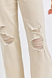 Judy Blue High Waist Distressed Wide Leg Jeans in light beige with ripped detailing