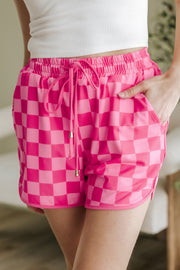 Rose Checkered Drawstring Elastic Waist Casual Shorts