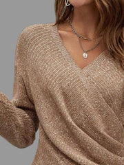 Surplice Long Sleeve Knit Top featuring a ribbed texture and V-neckline, perfect for a stylish, comfortable look.