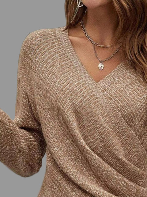 Surplice Long Sleeve Knit Top featuring a ribbed texture and V-neckline, perfect for a stylish, comfortable look.