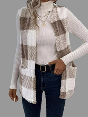Plaid Sherpa Vest Coat worn over a white turtleneck, showcasing effortless style and comfort.
