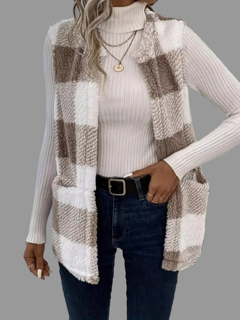 Plaid Sherpa Vest Coat worn over a white turtleneck, showcasing effortless style and comfort.