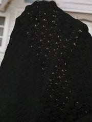 Open Front 3/4 Sleeve Cardigan – Lightweight Layer in black with intricate openwork knit texture.
