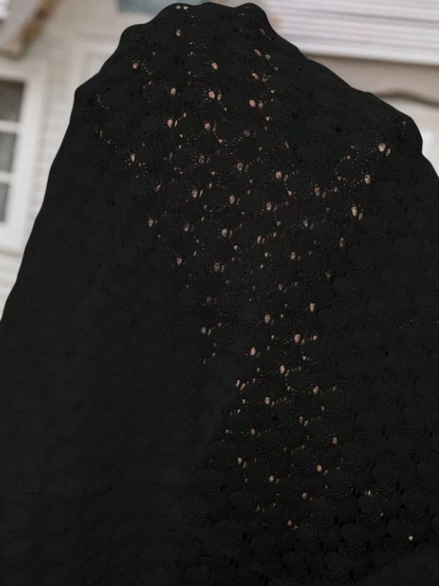 Open Front 3/4 Sleeve Cardigan – Lightweight Layer in black with intricate openwork knit texture.