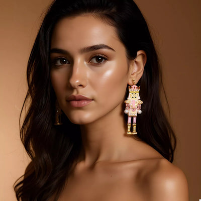 18K Gold Pearl Rhinestone Earrings, featuring a nutcracker design for festive elegance.