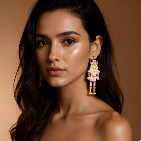 18K Gold Pearl Rhinestone Earrings, featuring a nutcracker design for festive elegance.