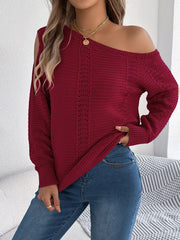 One-Shoulder Openwork Cutout Long Sleeve Sweater – Chic Knit Pullover in burgundy worn with jeans