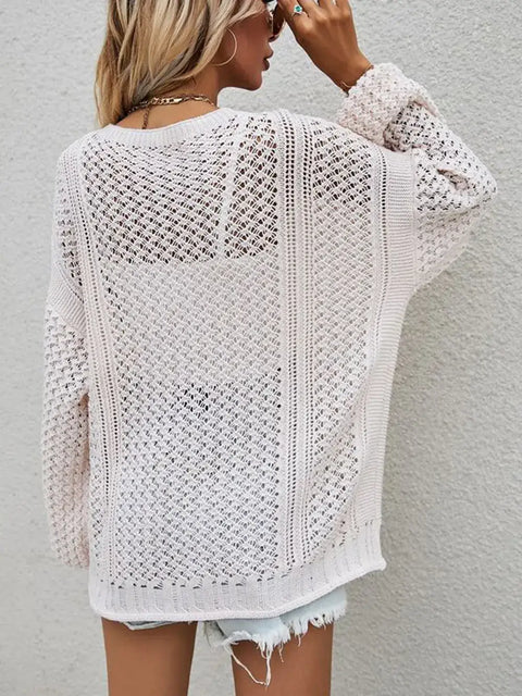 Openwork Button Front Cardigan, showcasing the back design and openwork knit pattern for a stylish summer look.