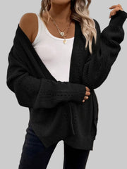Model wearing the Supreme Comfort Open-Front Cardigan in black over a white tank top with layered necklaces.