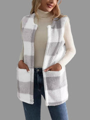 Model wearing a Plaid Sherpa Vest Coat over a turtleneck, showcasing effortless everyday style and comfort.