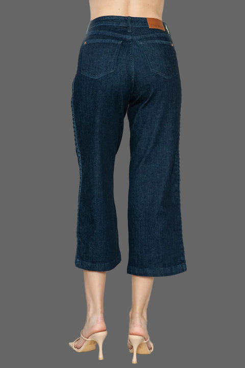 Judy Blue Side Seam Braid Crop Wide Leg Jeans in dark denim with a cropped fit and wide leg design.