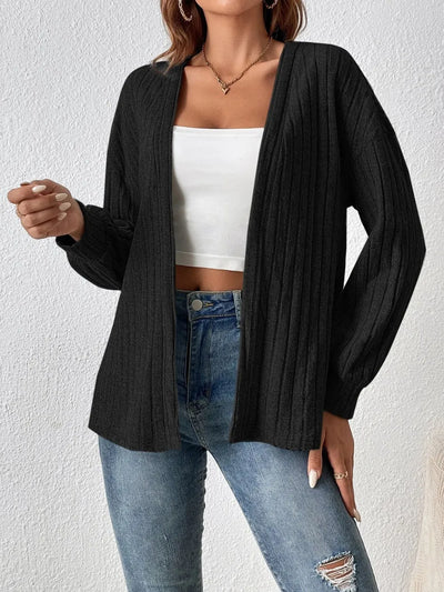 Cozy Open-Front Long Sleeve Cardigan in black, featuring a relaxed fit and layered style over a white top.