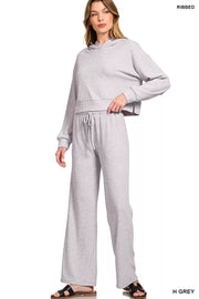 Zenana Ribbed Wide-Leg Drawstring Lounge Pants – Sage Green outfit in light grey with a cropped hoodie and wide-leg pants.