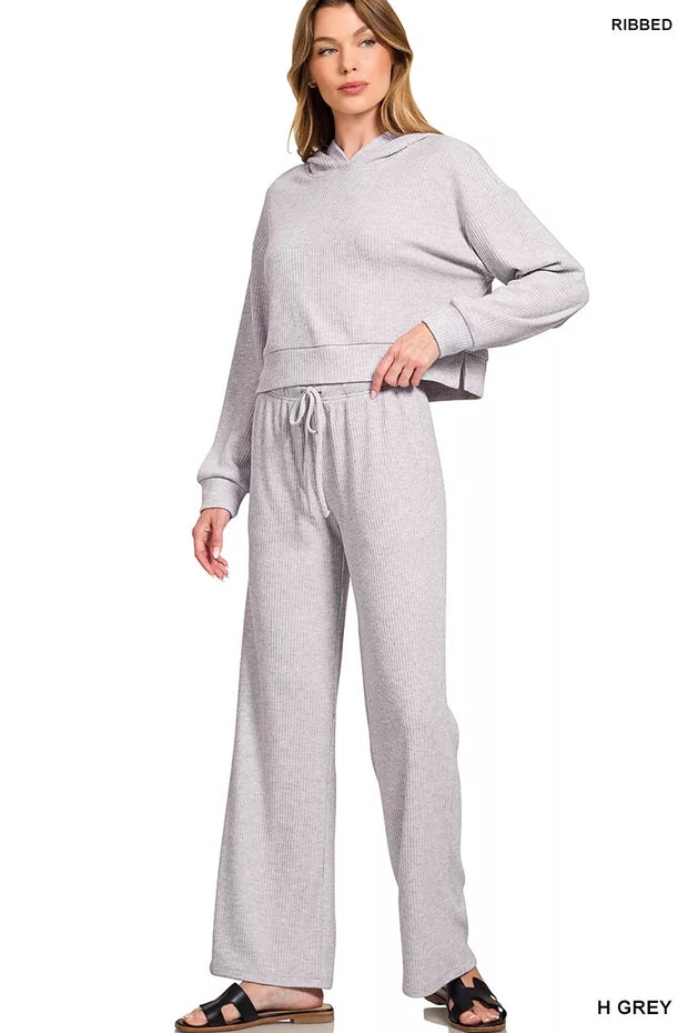 Zenana Ribbed Wide-Leg Drawstring Lounge Pants – Sage Green outfit in light grey with a cropped hoodie and wide-leg pants.