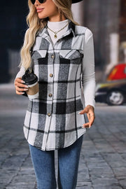 Plaid Button-Up Vest Coat worn with a long sleeve top, featuring a black and white plaid pattern, ideal for stylish layering.