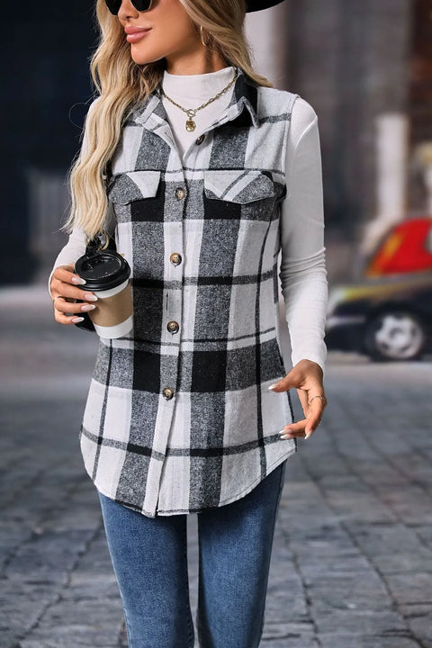 Plaid Button-Up Vest Coat worn with a long sleeve top, featuring a black and white plaid pattern, ideal for stylish layering.