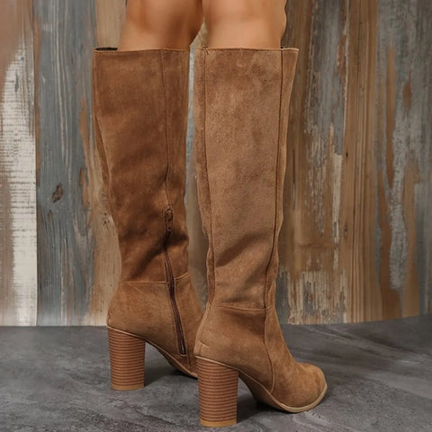 Point Toe Block Heels Boots in brown suede, high shaft design with block heel, perfect for stylish outfits.
