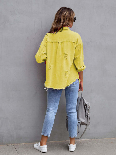 Distressed Fringe Denim Jacket-yellow-back-view.jpg