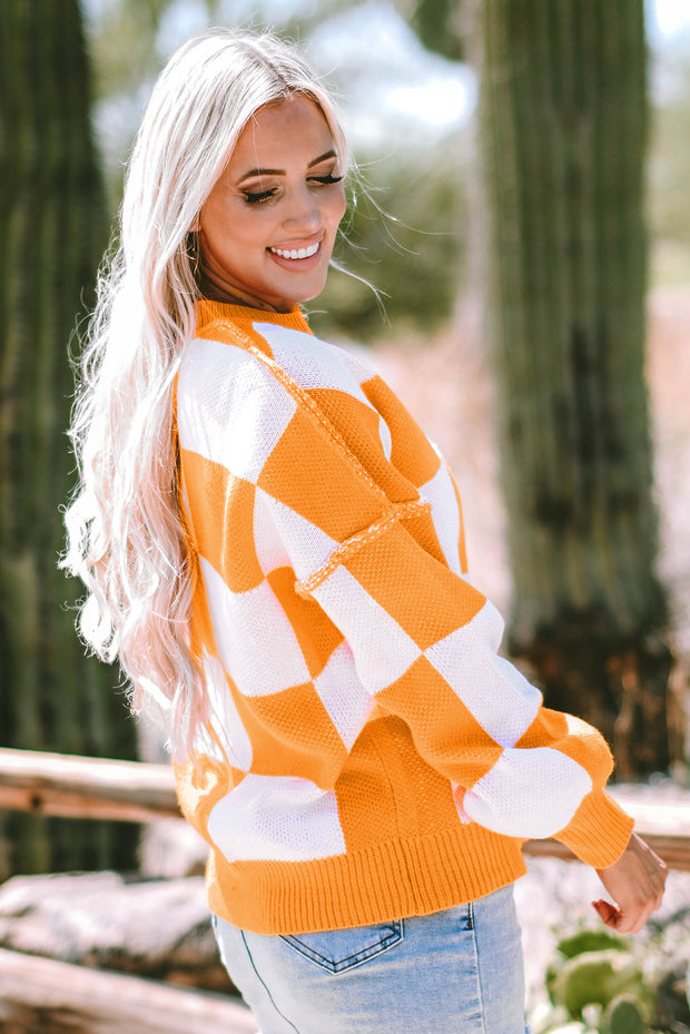 Orange Checkered Knit Bishop Sleeve Sweater
