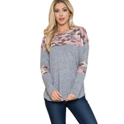 Model wearing a Camouflage Contrast Lightweight Sweater Knit featuring a relaxed fit and textured camo print.