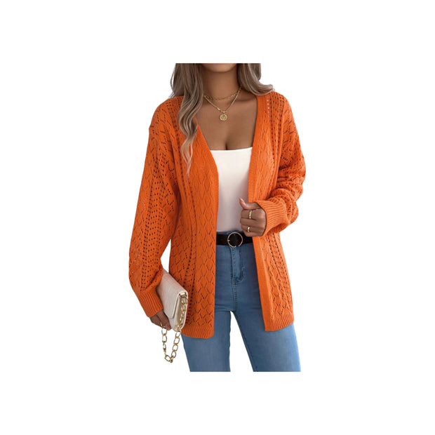 Openwork Knit Open-Front Cardigan – Lightweight Long Sleeve Layering Sweater in vibrant orange with relaxed fit and long sleeves.